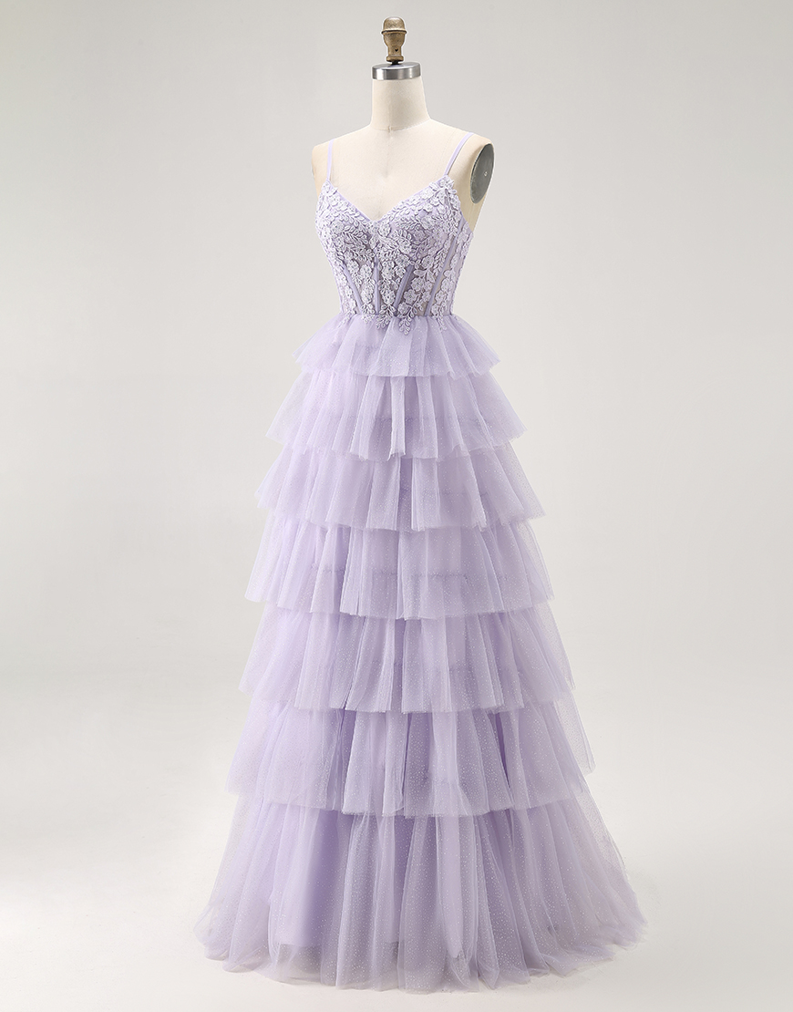 Glitter Lilac A Line Tiered Corset Long Prom Dress with Lace