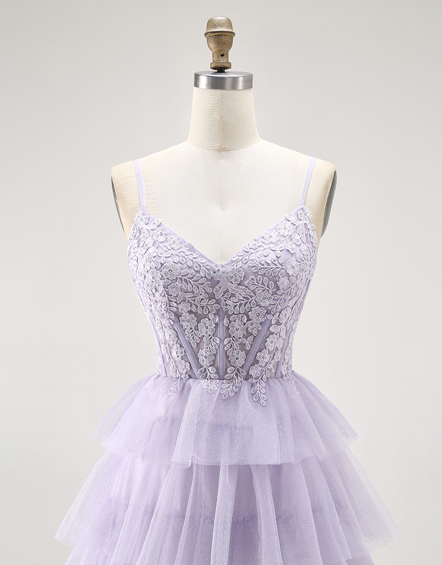 Glitter Lilac A Line Tiered Corset Long Prom Dress with Lace