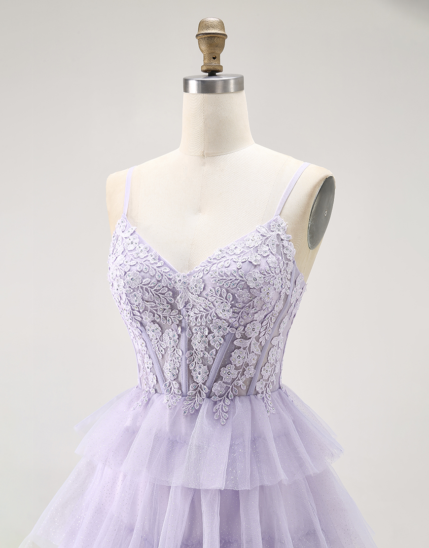 Glitter Lilac A Line Tiered Corset Long Prom Dress with Lace