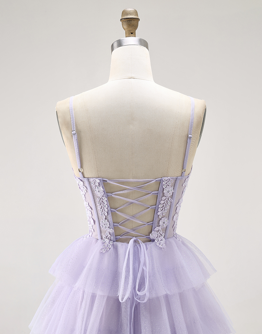 Glitter Lilac A Line Tiered Corset Long Prom Dress with Lace