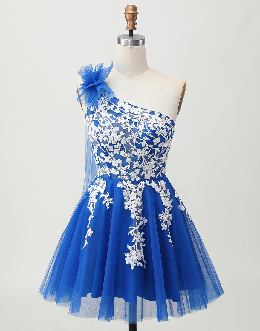Royal Blue Short One Shoulder Tulle Homecoming Dress with 3D Flower