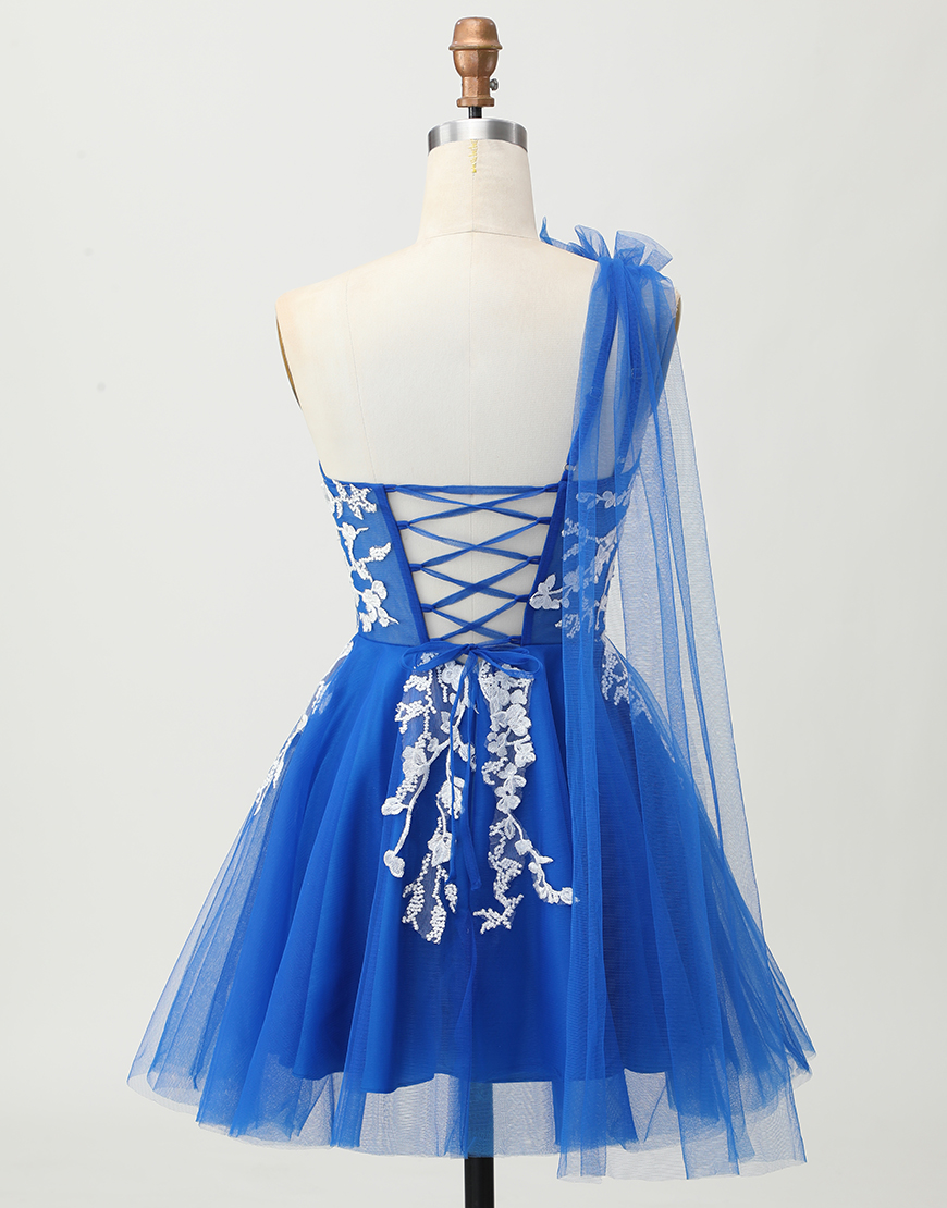 Royal Blue Short One Shoulder Tulle Homecoming Dress with 3D Flower