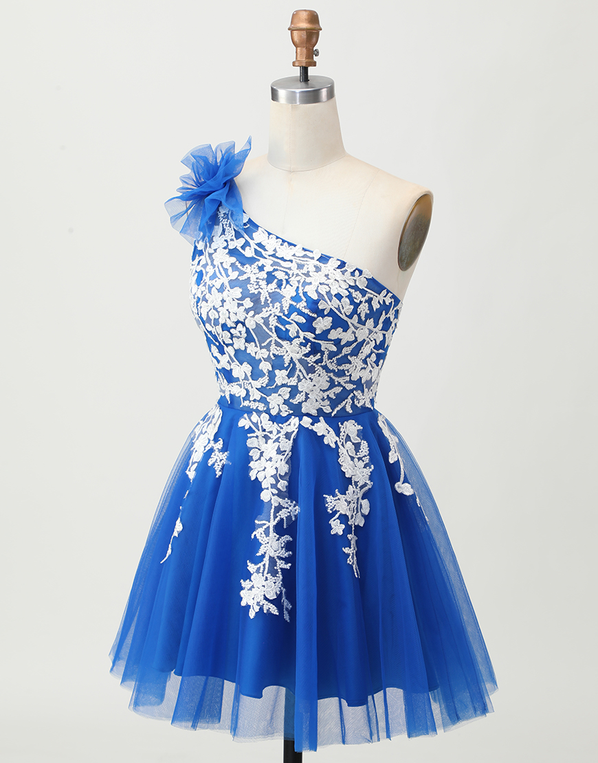 Royal Blue Short One Shoulder Tulle Homecoming Dress with 3D Flower