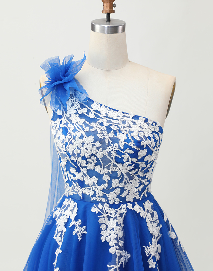 Royal Blue Short One Shoulder Tulle Homecoming Dress with 3D Flower