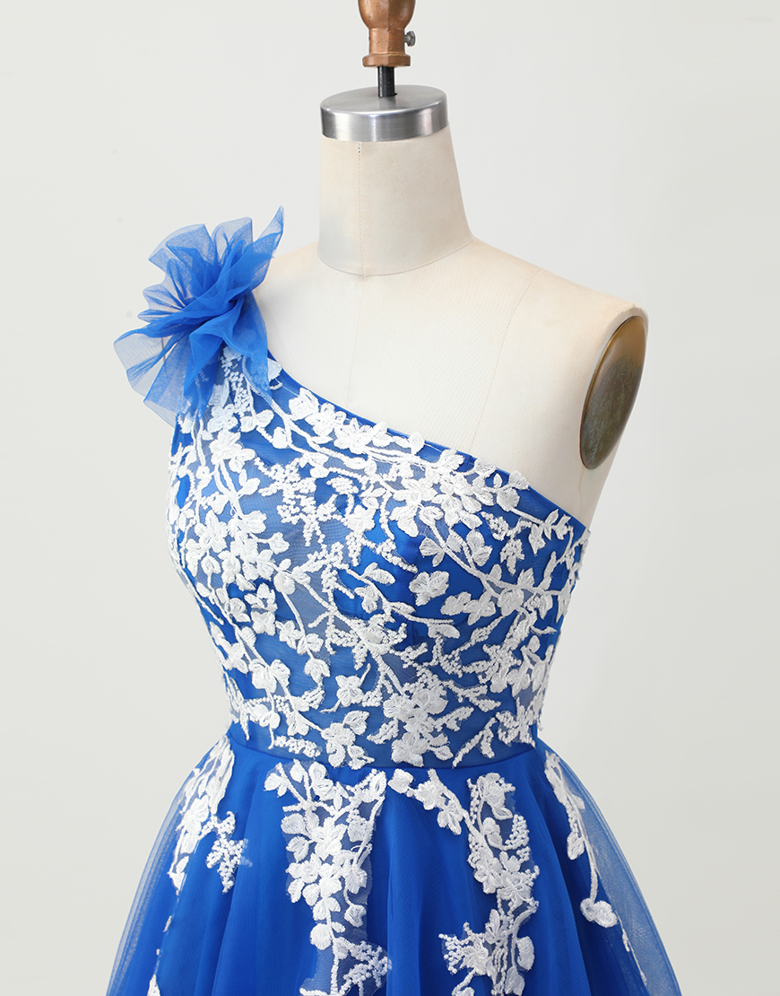Royal Blue Short One Shoulder Tulle Homecoming Dress with 3D Flower