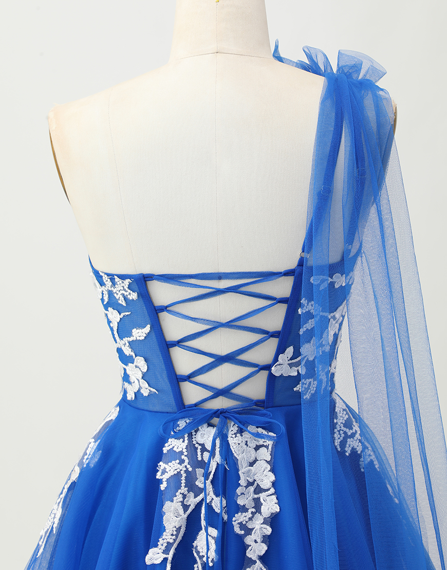 Royal Blue Short One Shoulder Tulle Homecoming Dress with 3D Flower