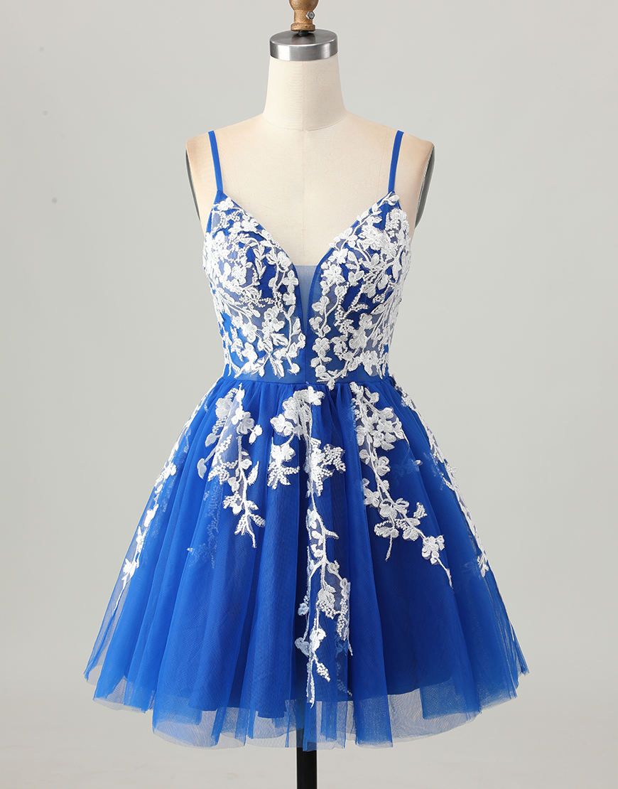 Royal Blue A Line Short Tulle Homecoming Dress with Lace Appliques