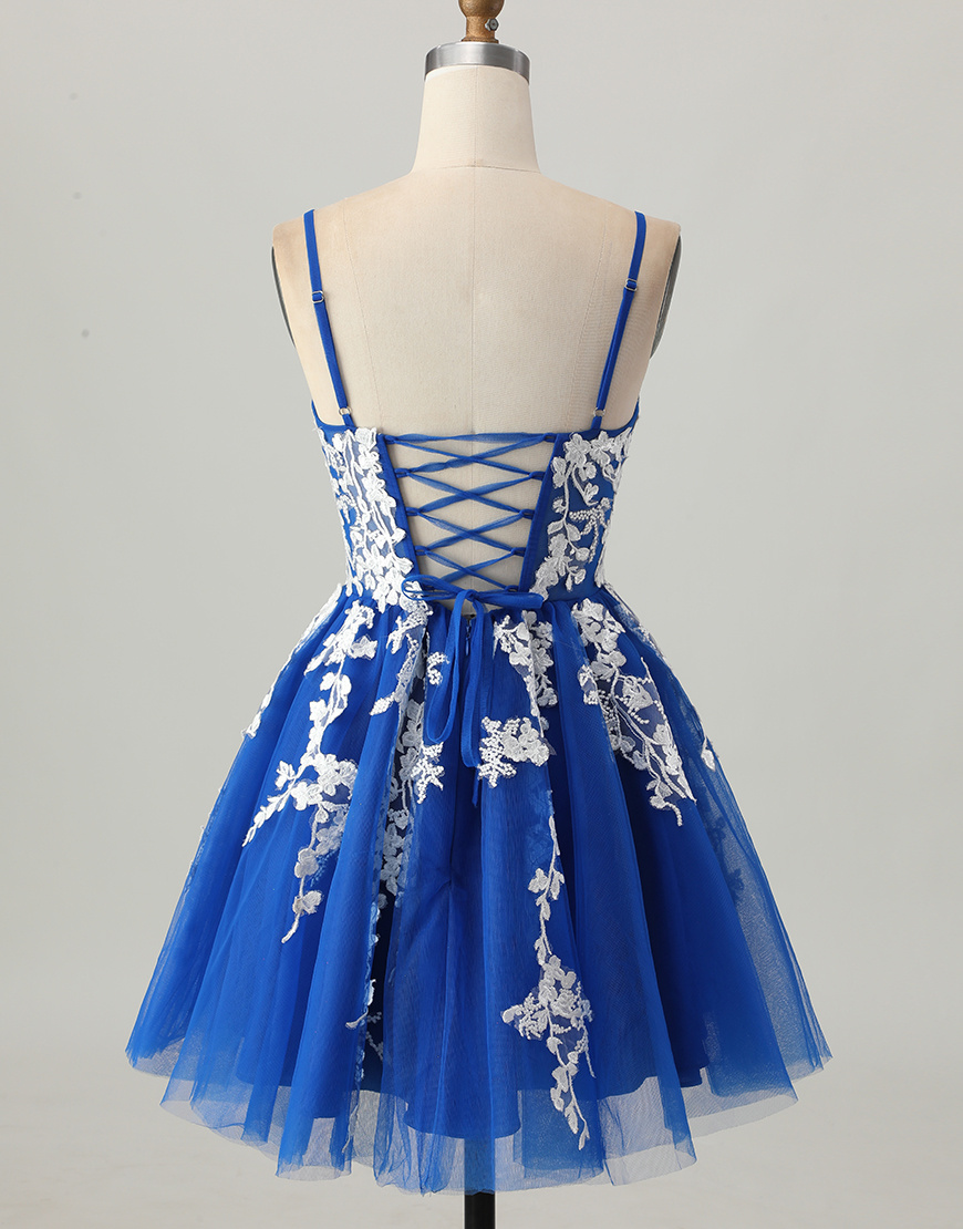 Royal Blue A Line Short Tulle Homecoming Dress with Lace Appliques