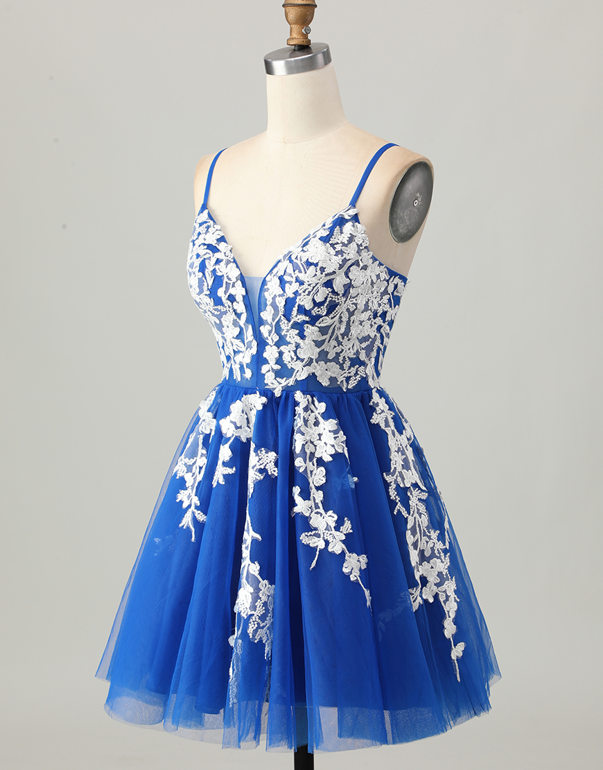 Royal Blue A Line Short Tulle Homecoming Dress with Lace Appliques