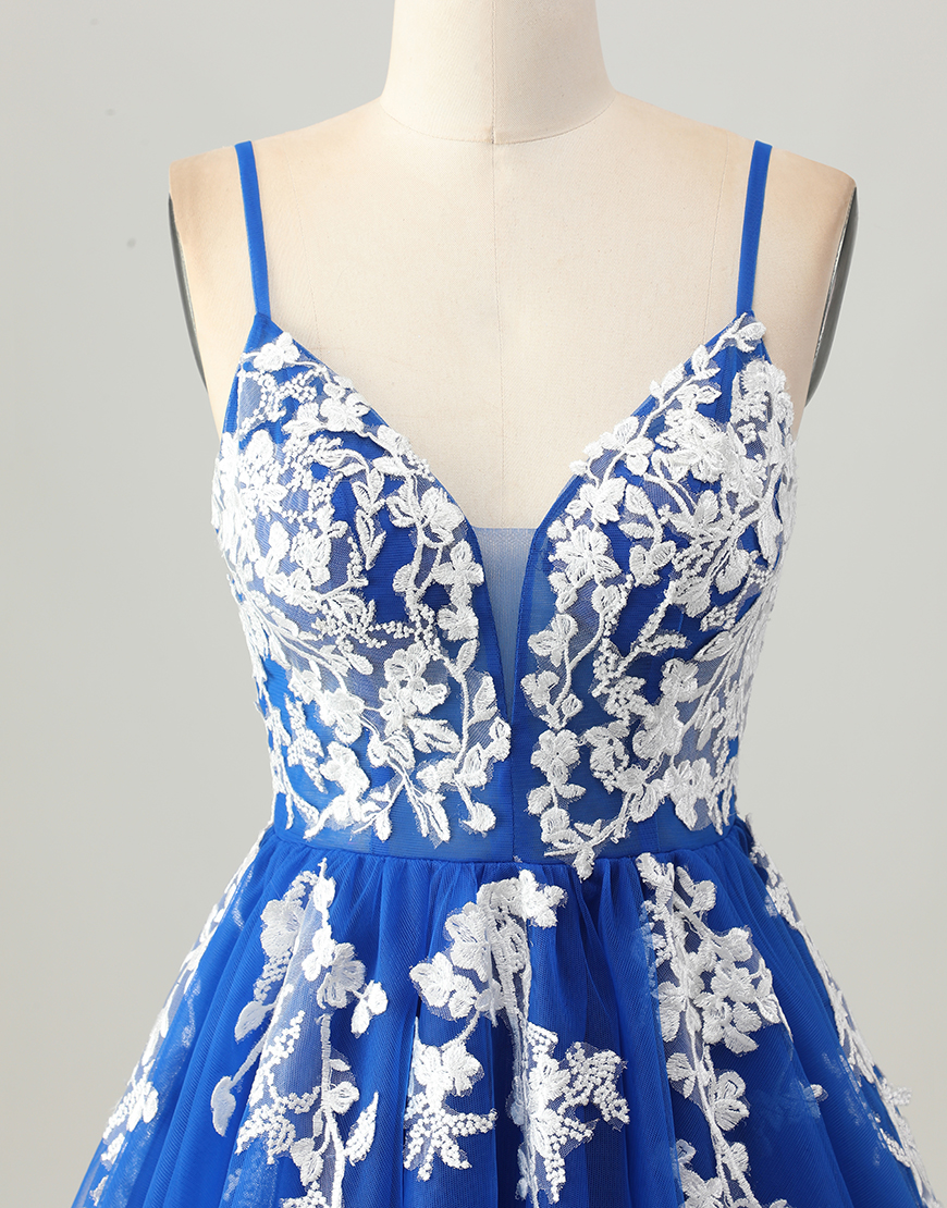 Royal Blue A Line Short Tulle Homecoming Dress with Lace Appliques