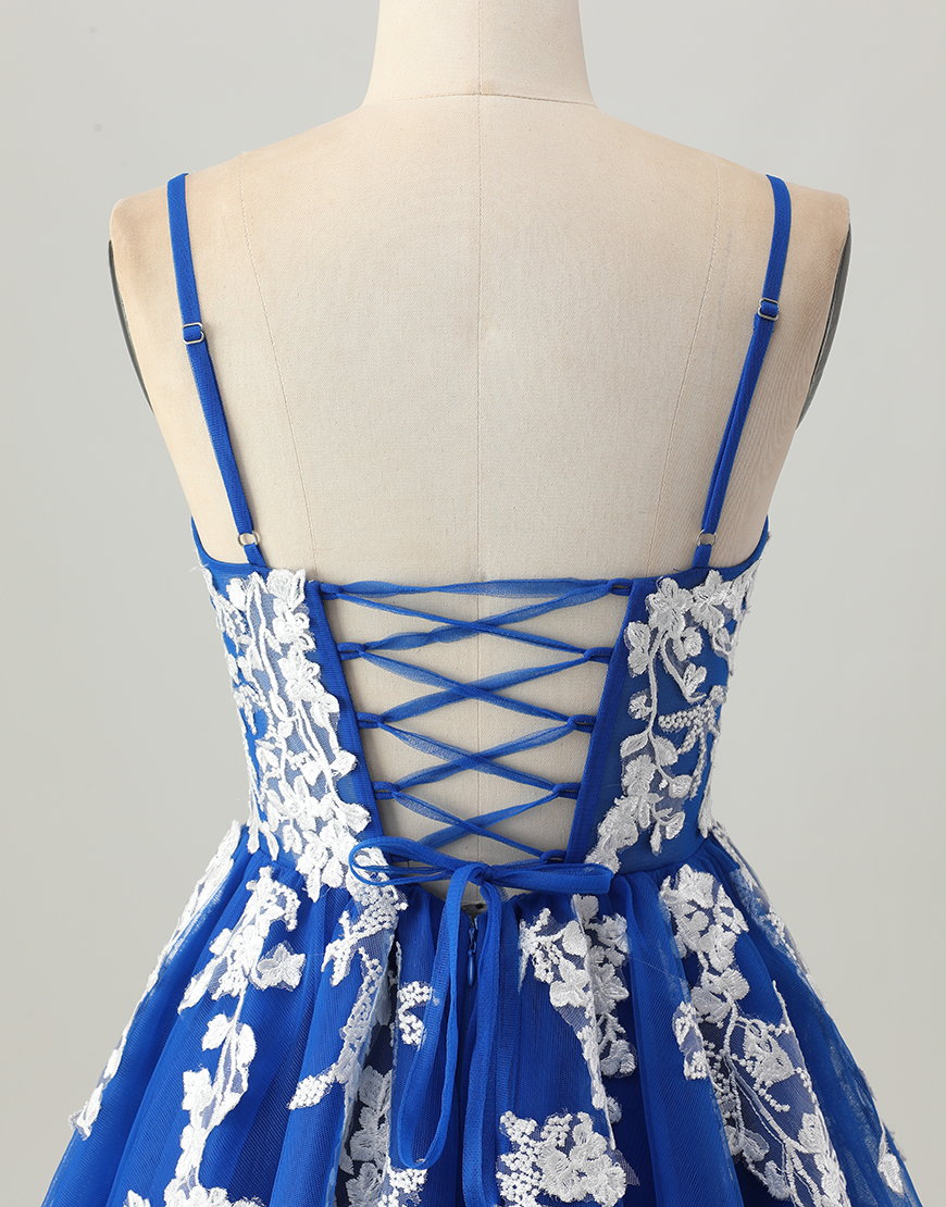 Royal Blue A Line Short Tulle Homecoming Dress with Lace Appliques