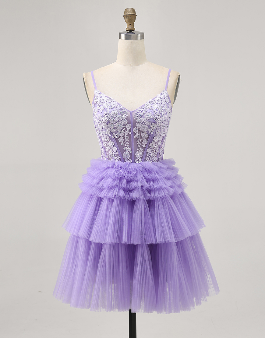 Sparkly Lavender Floral Tulle Short Corset Homecoming Dress with Ruffles