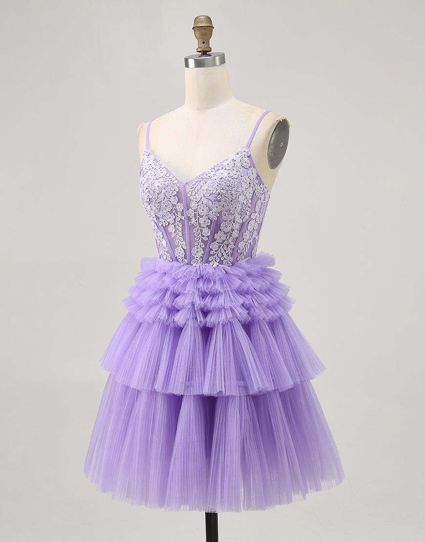 Sparkly Lavender Floral Tulle Short Corset Homecoming Dress with Ruffles