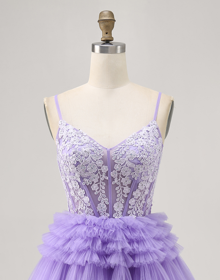 Sparkly Lavender Floral Tulle Short Corset Homecoming Dress with Ruffles
