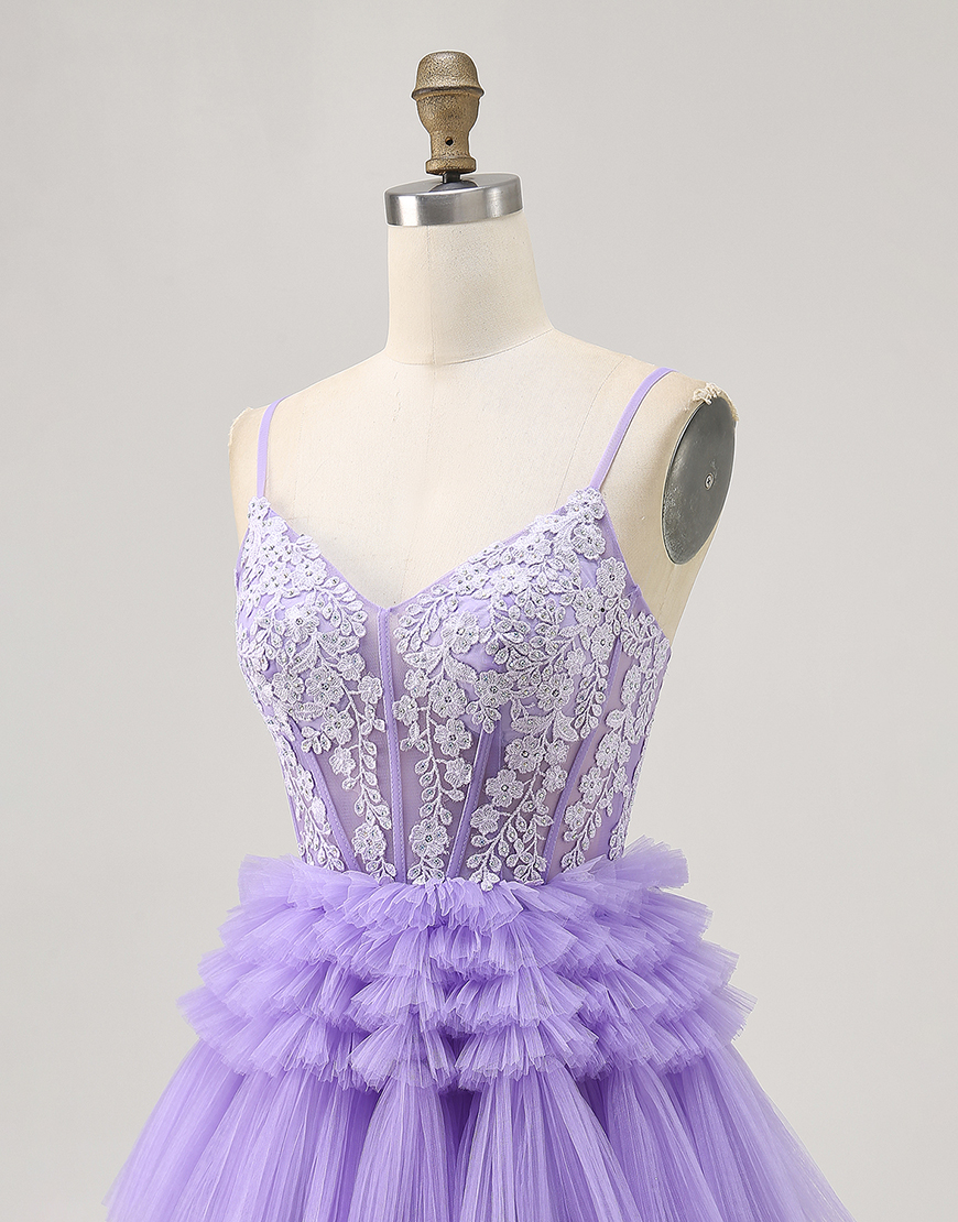 Sparkly Lavender Floral Tulle Short Corset Homecoming Dress with Ruffles