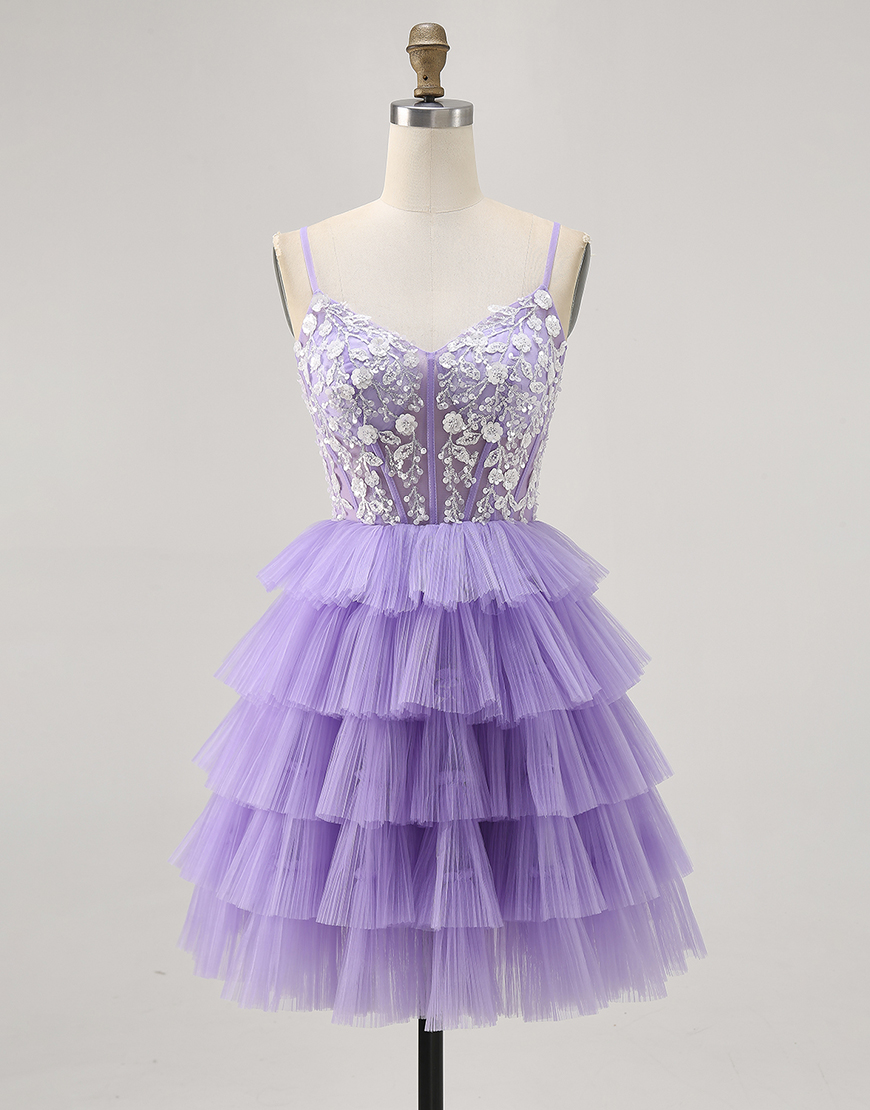 Lavender Floral Spaghetti Straps Short Corset Homecoming Dress with Ruffles