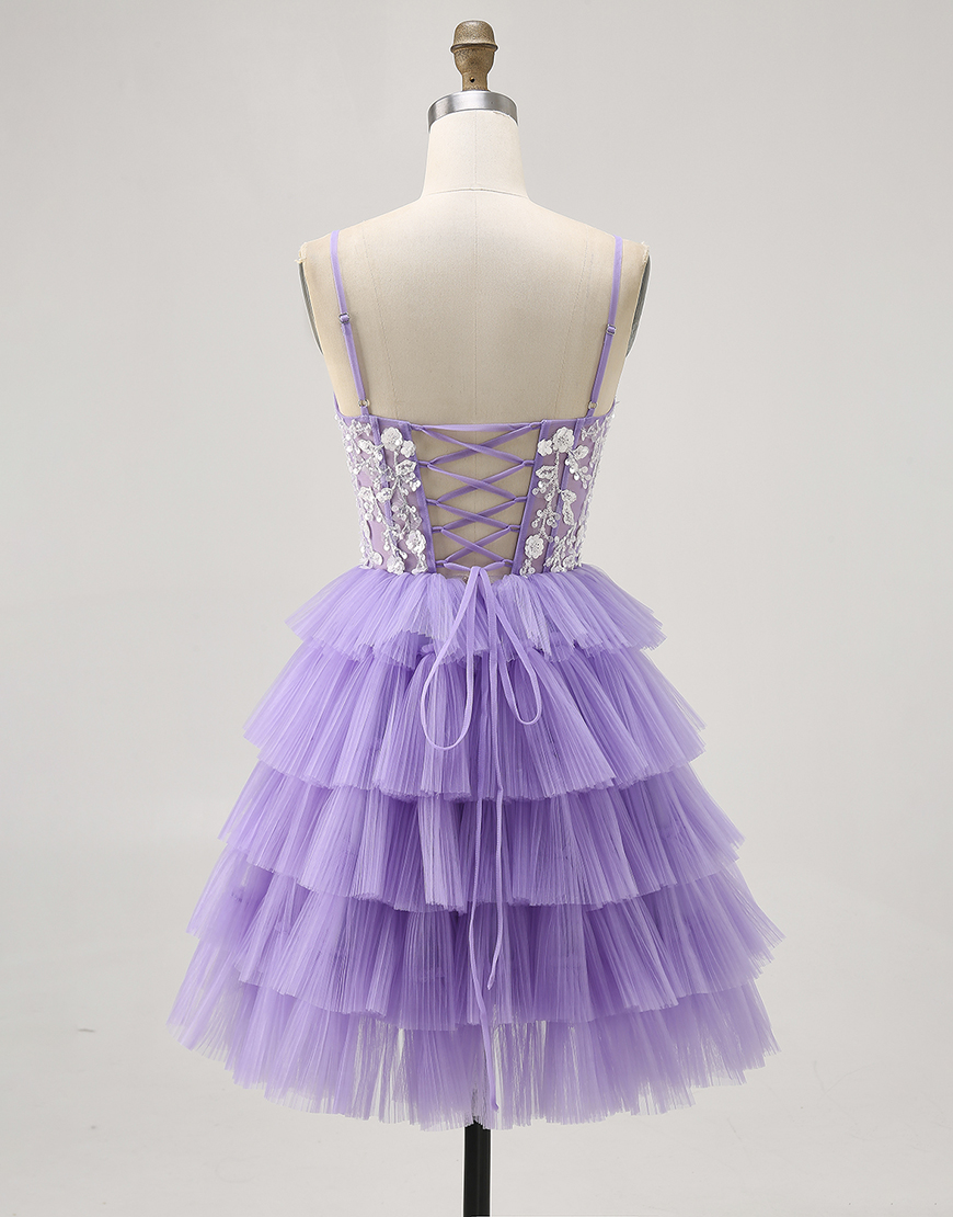 Lavender Floral Spaghetti Straps Short Corset Homecoming Dress with Ruffles