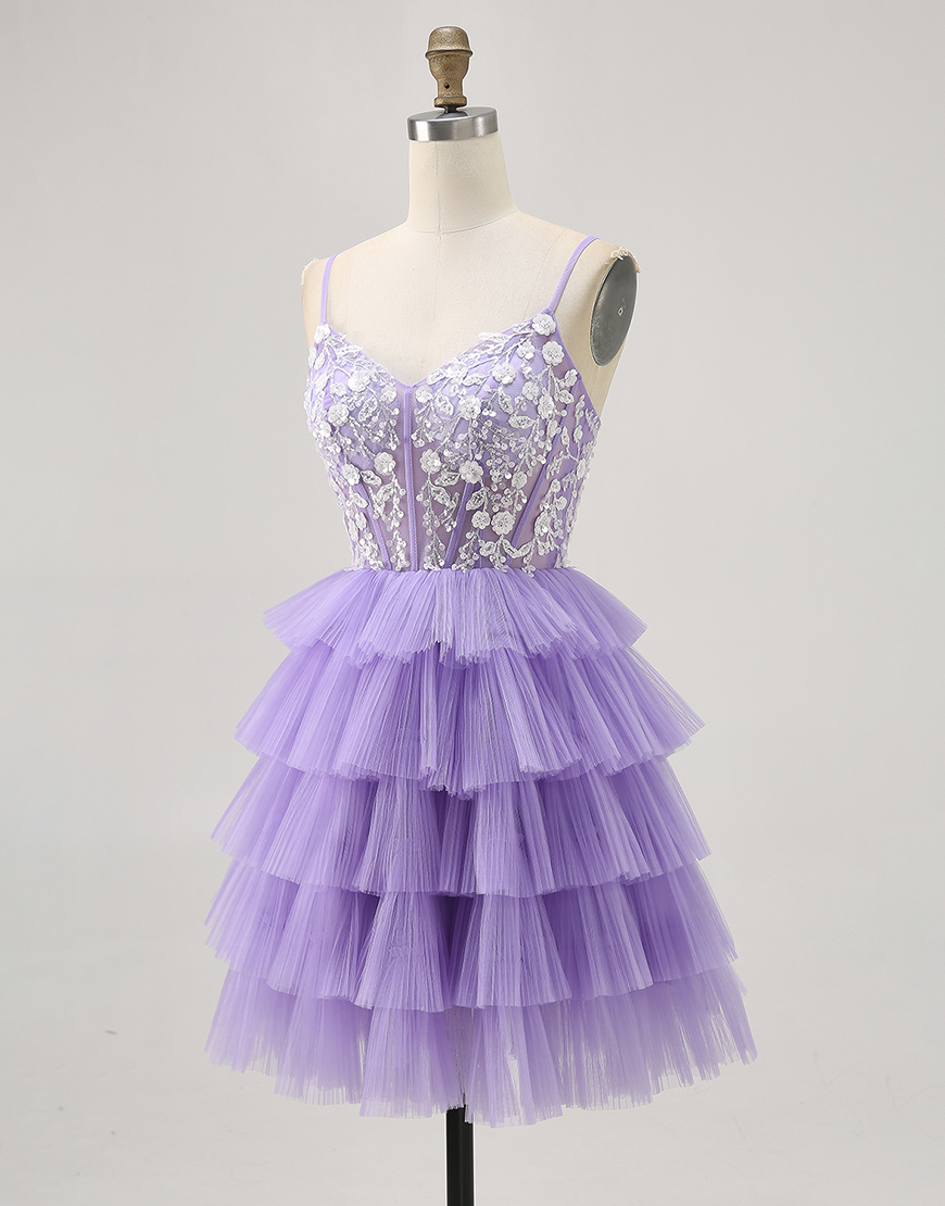 Lavender Floral Spaghetti Straps Short Corset Homecoming Dress with Ruffles
