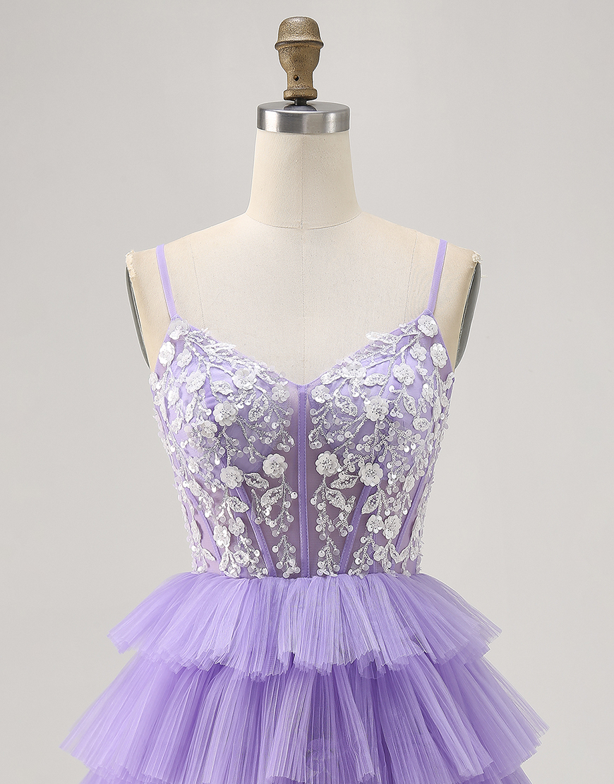 Lavender Floral Spaghetti Straps Short Corset Homecoming Dress with Ruffles