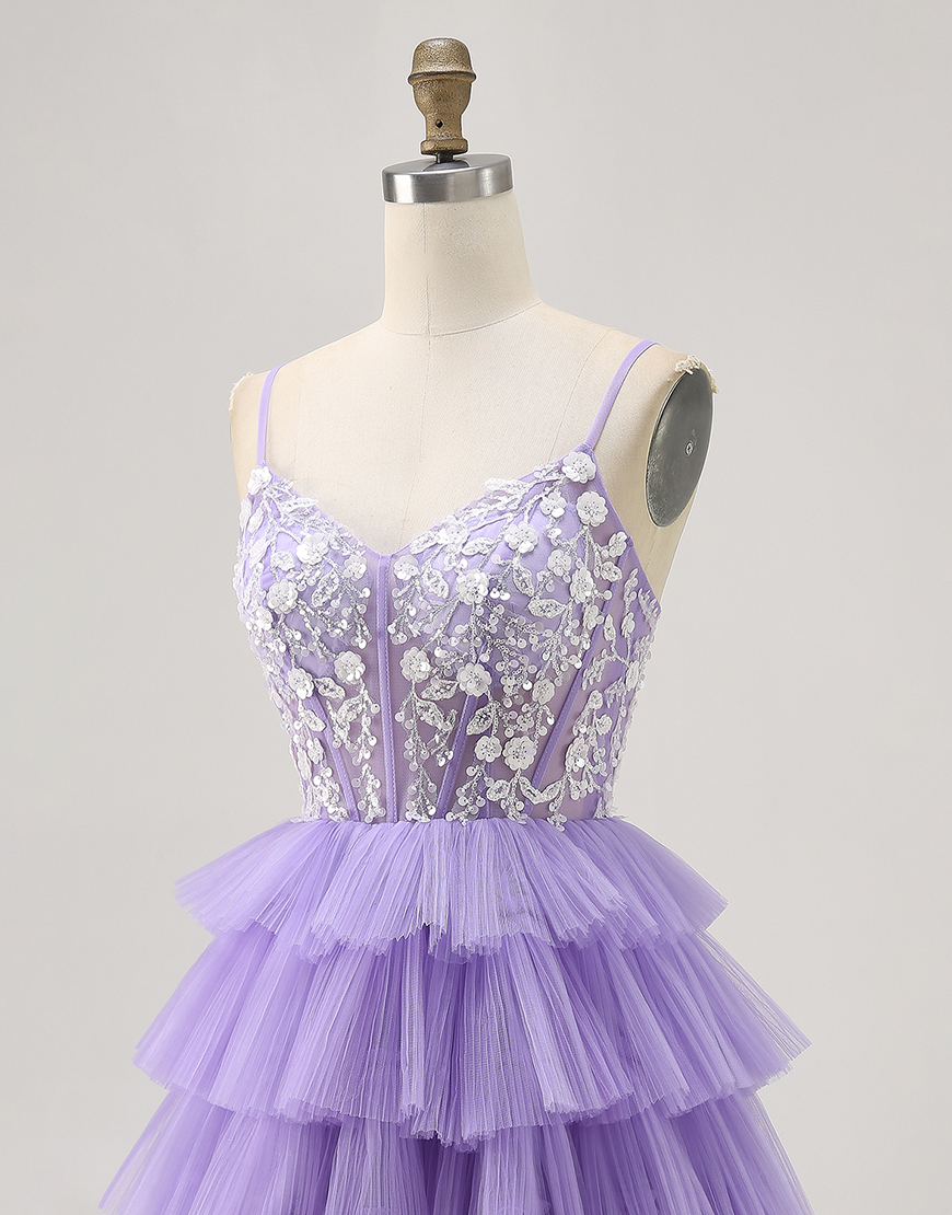 Lavender Floral Spaghetti Straps Short Corset Homecoming Dress with Ruffles