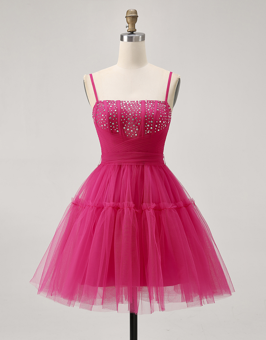Sparkly Fuchsia A Line Tulle Short Homecoming Dress with Beading