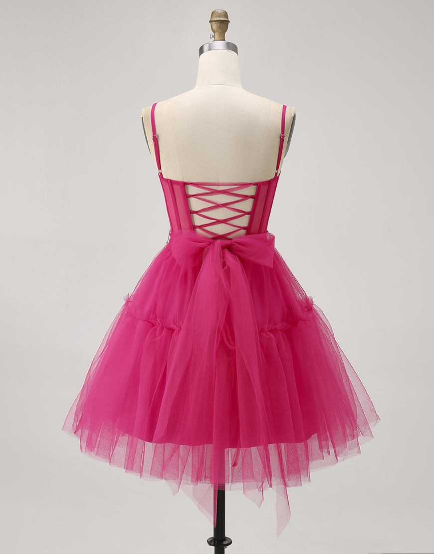 Sparkly Fuchsia A Line Tulle Short Homecoming Dress with Beading