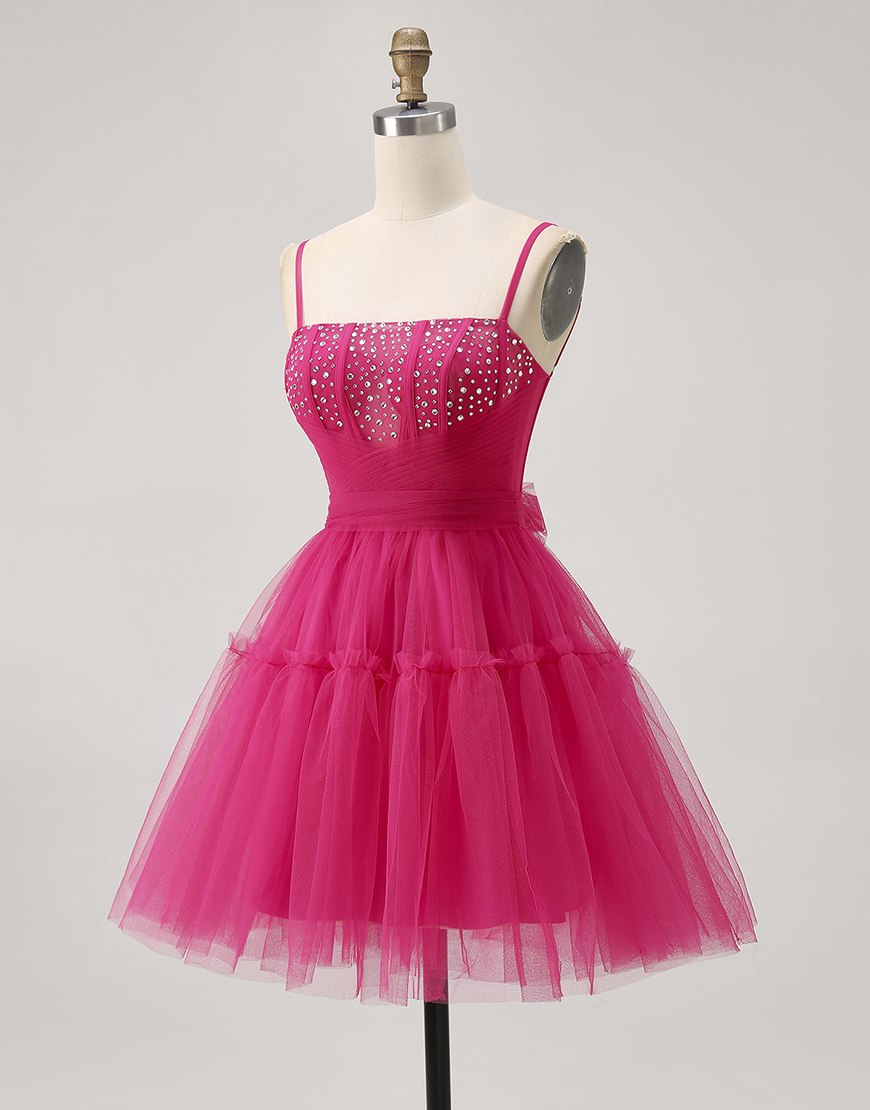 Sparkly Fuchsia A Line Tulle Short Homecoming Dress with Beading