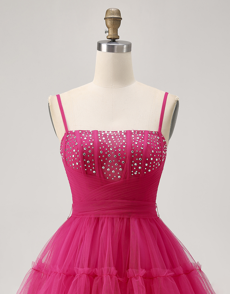 Sparkly Fuchsia A Line Tulle Short Homecoming Dress with Beading