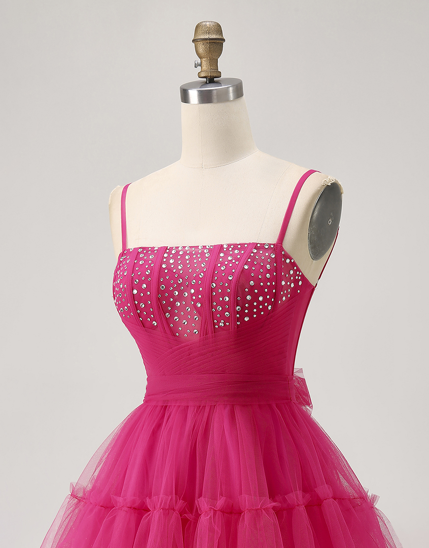 Sparkly Fuchsia A Line Tulle Short Homecoming Dress with Beading