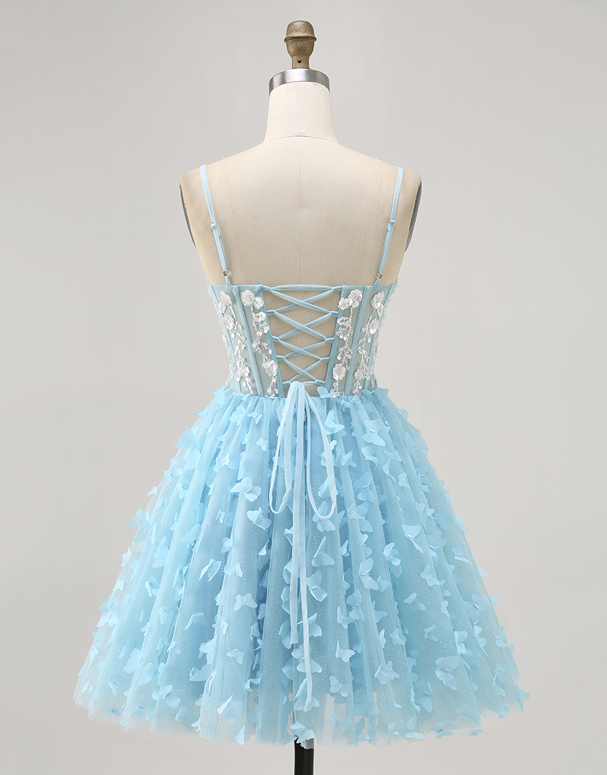 Sparkly Blue Short Corset Floral Homecoming Dress with Sequins