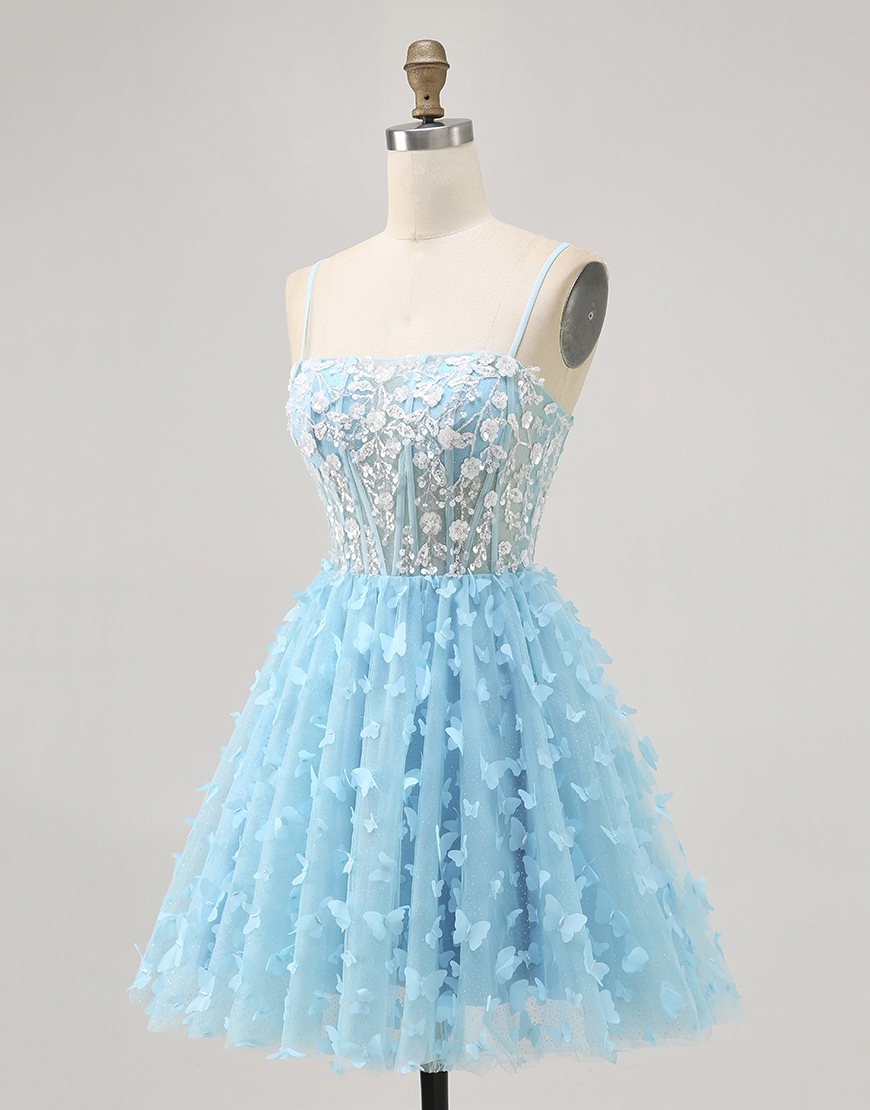 Sparkly Blue Short Corset Floral Homecoming Dress with Sequins