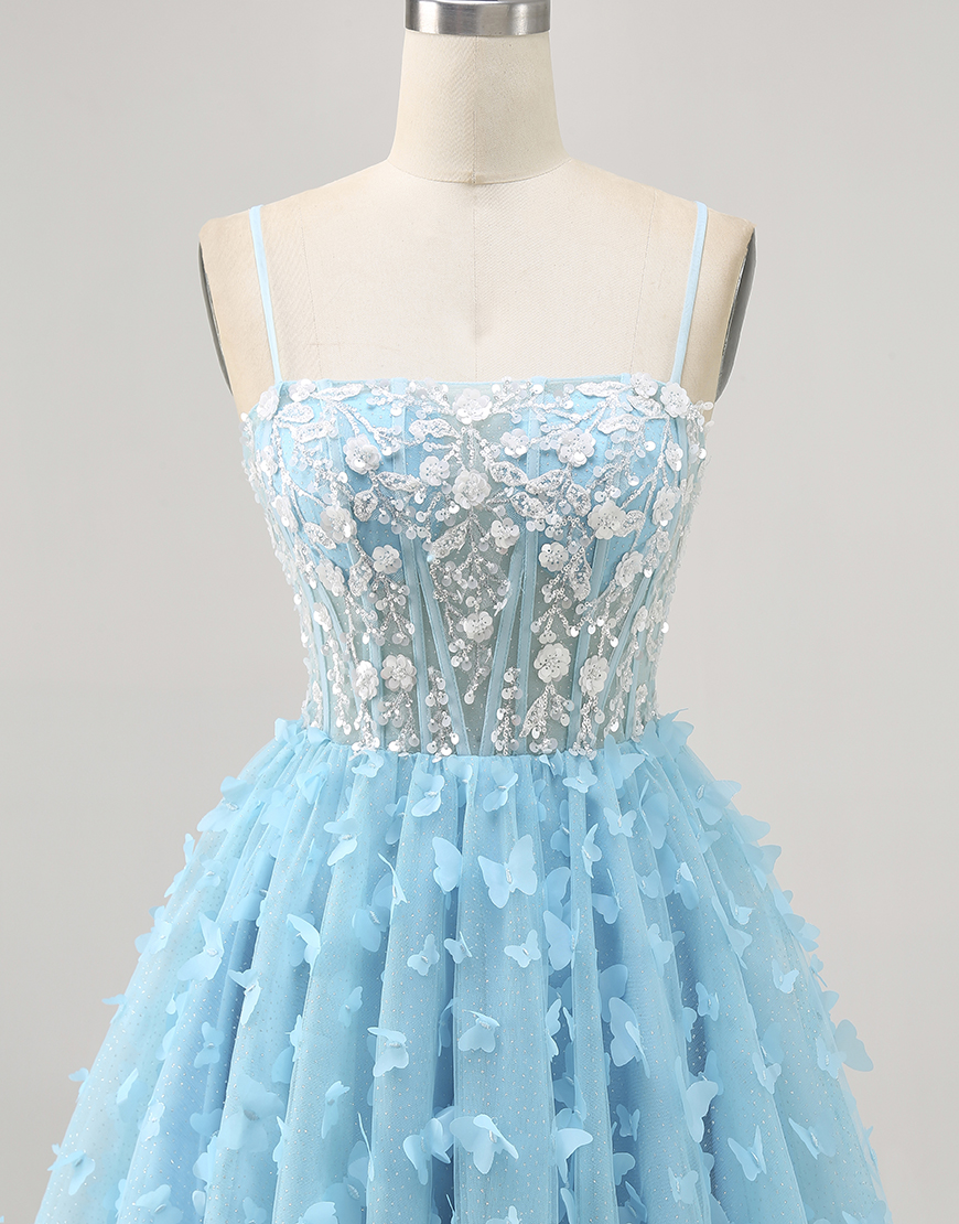 Sparkly Blue Short Corset Floral Homecoming Dress with Sequins