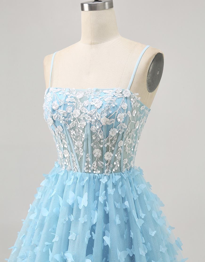 Sparkly Blue Short Corset Floral Homecoming Dress with Sequins