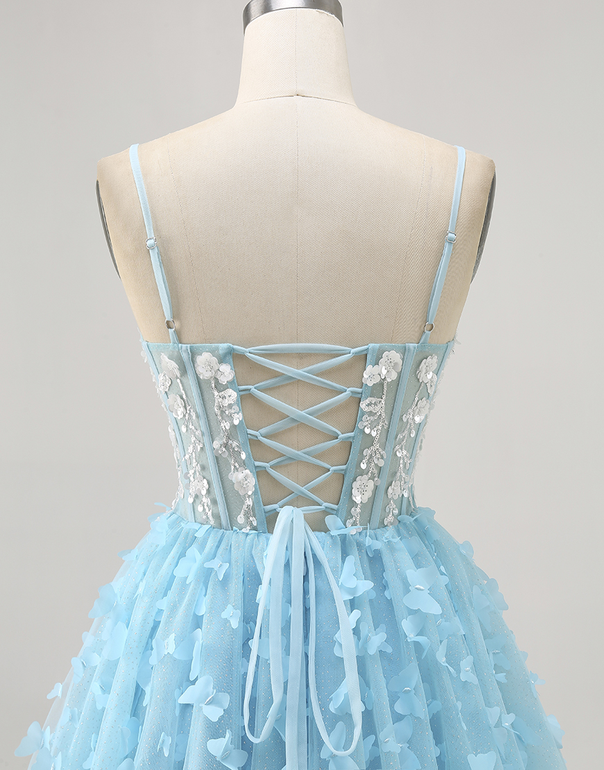 Sparkly Blue Short Corset Floral Homecoming Dress with Sequins