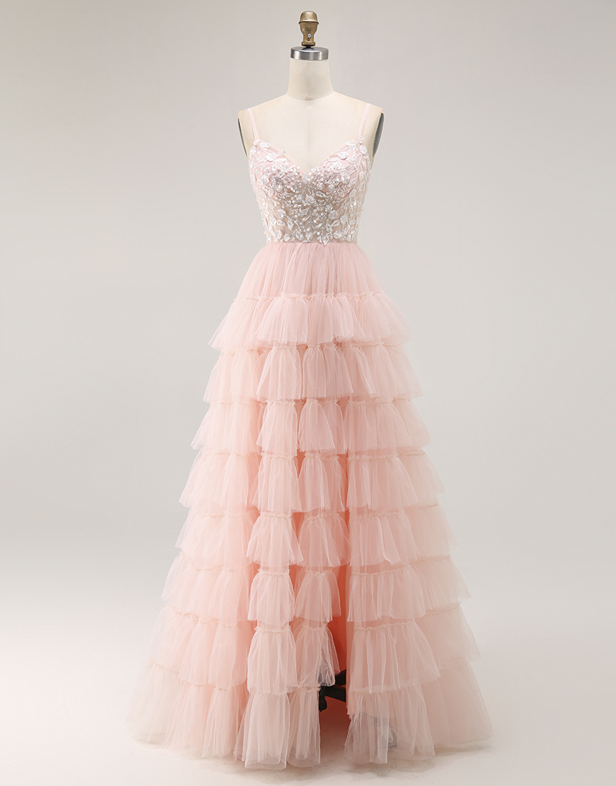 Sparkly Blush Ruffled Floral Tulle A-Line Long Prom Dress with Sequins