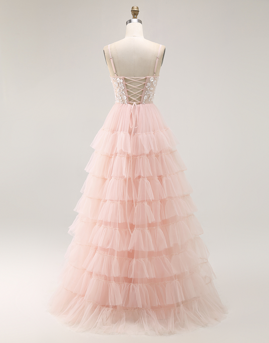 Sparkly Blush Ruffled Floral Tulle A-Line Long Prom Dress with Sequins