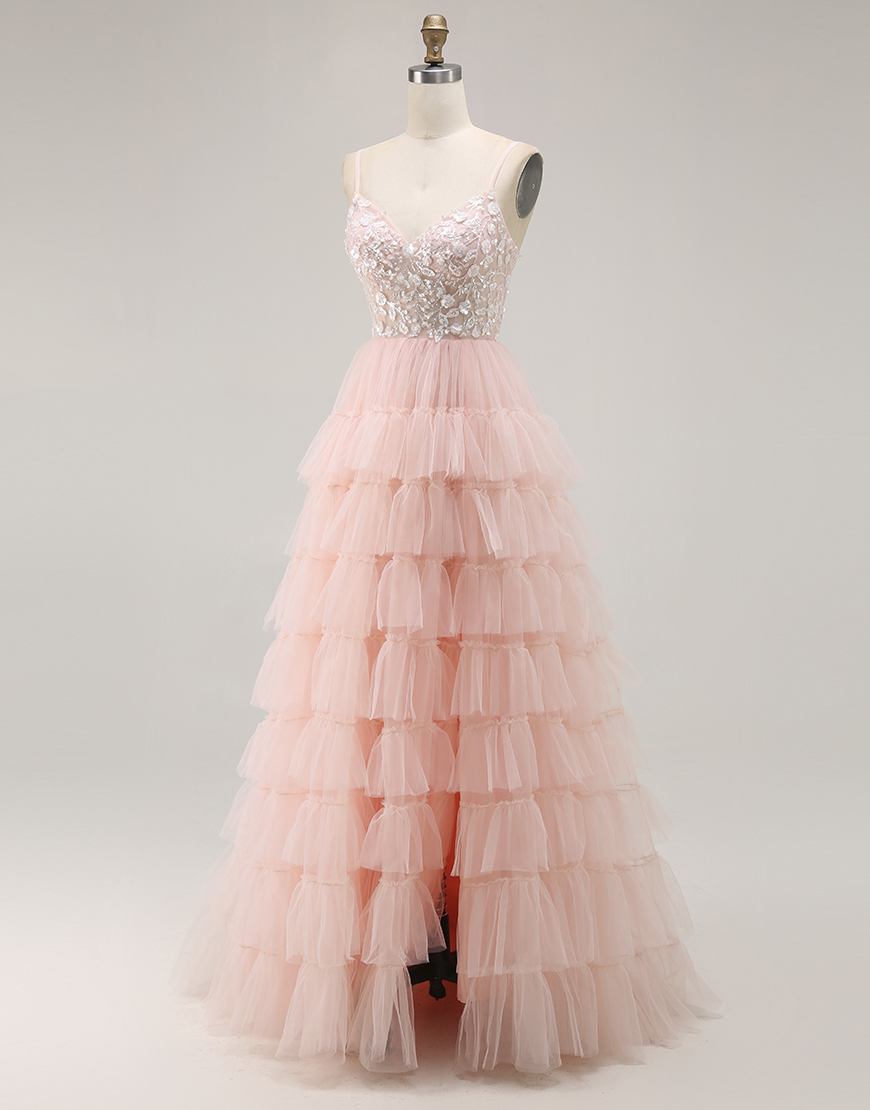 Sparkly Blush Ruffled Floral Tulle A-Line Long Prom Dress with Sequins