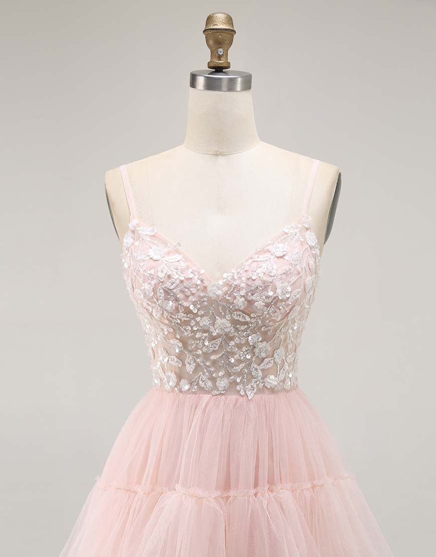 Sparkly Blush Ruffled Floral Tulle A-Line Long Prom Dress with Sequins
