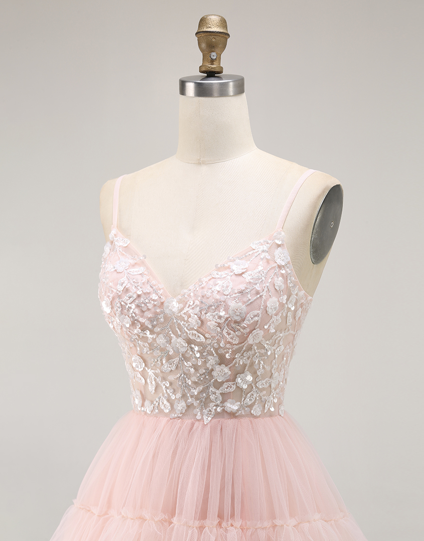 Sparkly Blush Ruffled Floral Tulle A-Line Long Prom Dress with Sequins