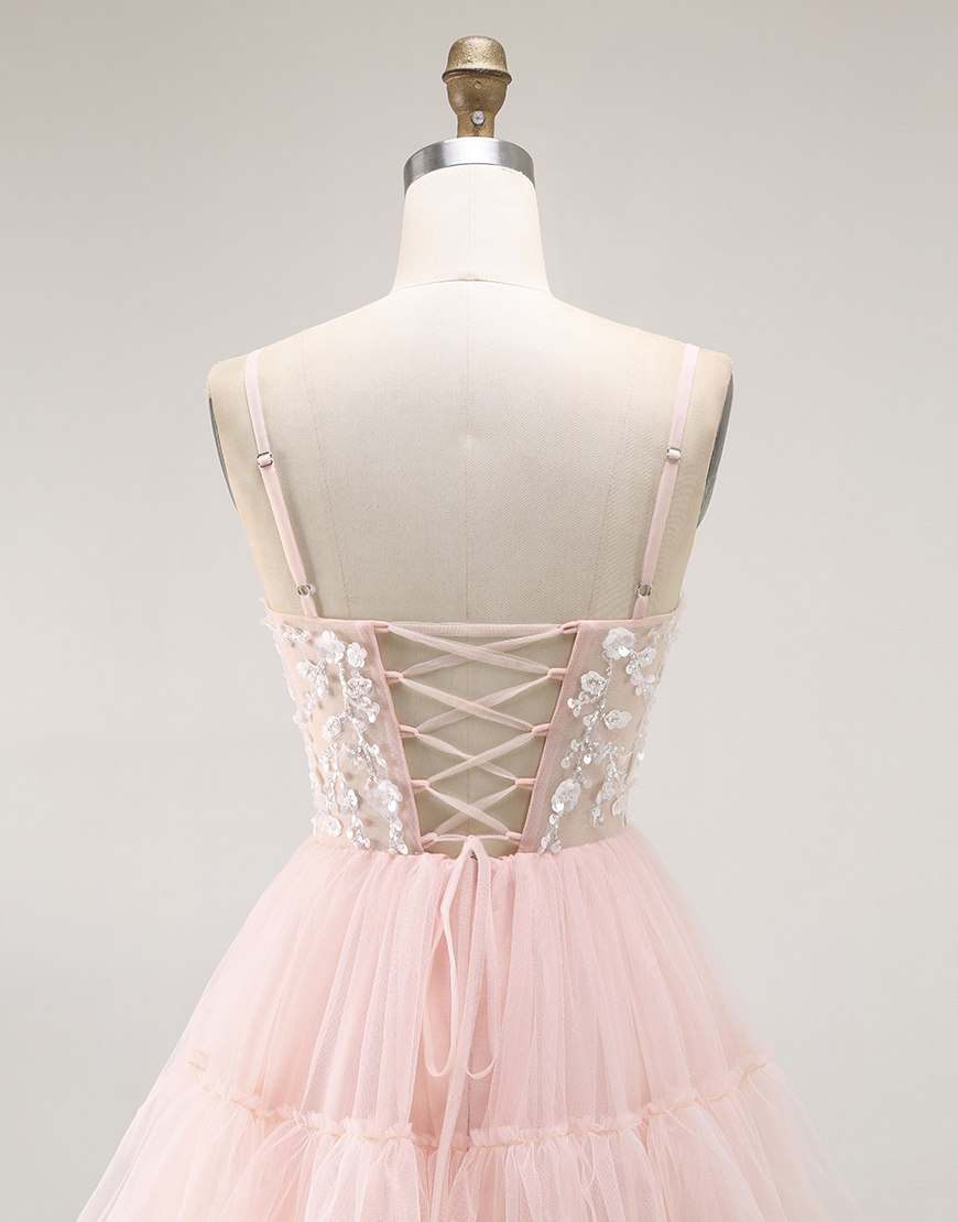 Sparkly Blush Ruffled Floral Tulle A-Line Long Prom Dress with Sequins