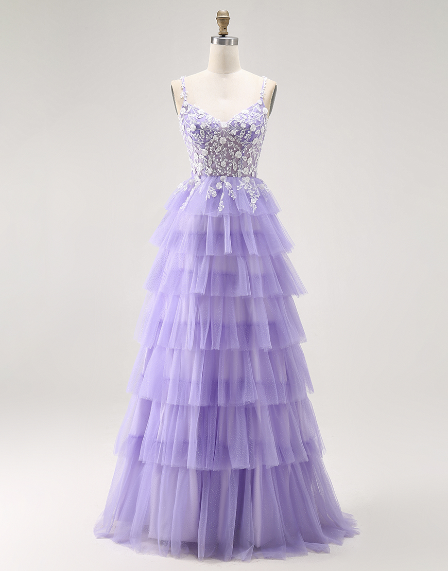 Glitter Purple A Line Tiered Long Prom Dress with Lace