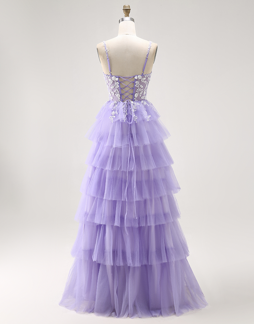Glitter Purple A Line Tiered Long Prom Dress with Lace