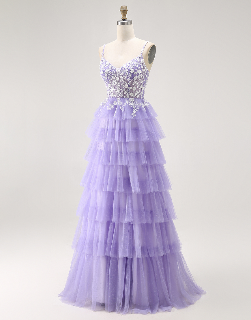 Glitter Purple A Line Tiered Long Prom Dress with Lace