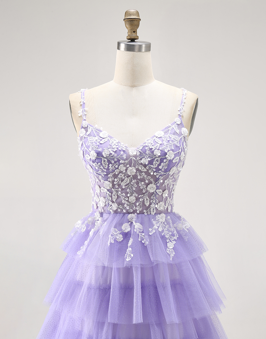 Glitter Purple A Line Tiered Long Prom Dress with Lace