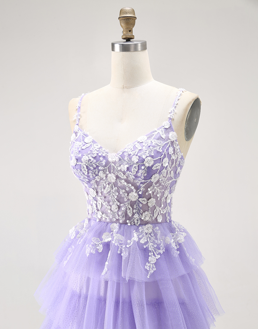 Glitter Purple A Line Tiered Long Prom Dress with Lace