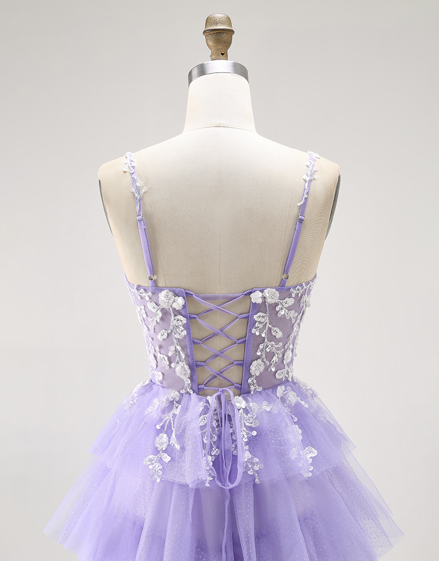 Glitter Purple A Line Tiered Long Prom Dress with Lace