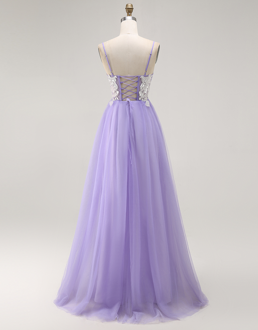 Sparkly Purple A Line Corset Long Prom Dress with Sequins