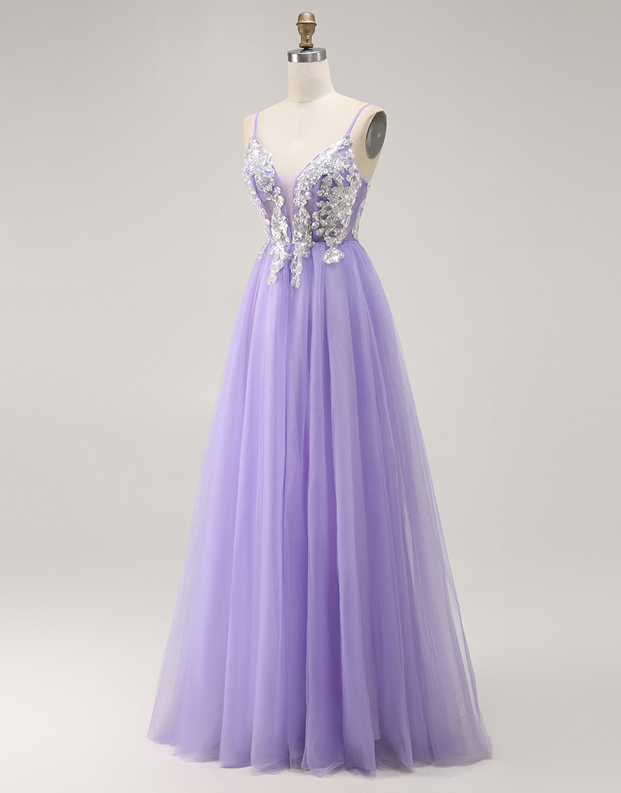 Sparkly Purple A Line Corset Long Prom Dress with Sequins