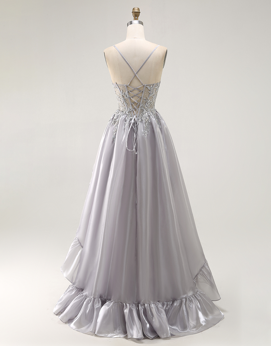 Sparkly Grey Corset Ruffled A Line Long Prom Dress with Beading