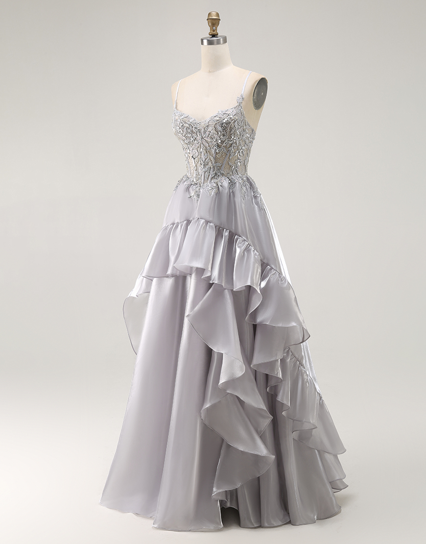 Sparkly Grey Corset Ruffled A Line Long Prom Dress with Beading